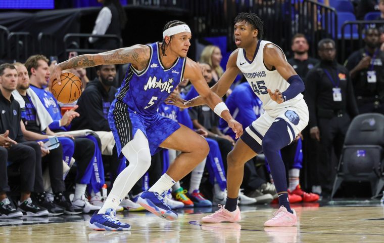 Mar 30, 2024; Orlando, Florida, USA; Orlando Magic forward Paolo Banchero (5) controls the ball in front of Memphis Grizzlies forward GG Jackson (45) during the second half at KIA Center. Mandatory Credit: Mike Watters-USA TODAY Sports